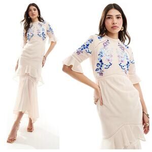 NWT Hope & Ivy Pink Embroidered Tiered Maxi Dress Size 12 Lace Trim Coquette